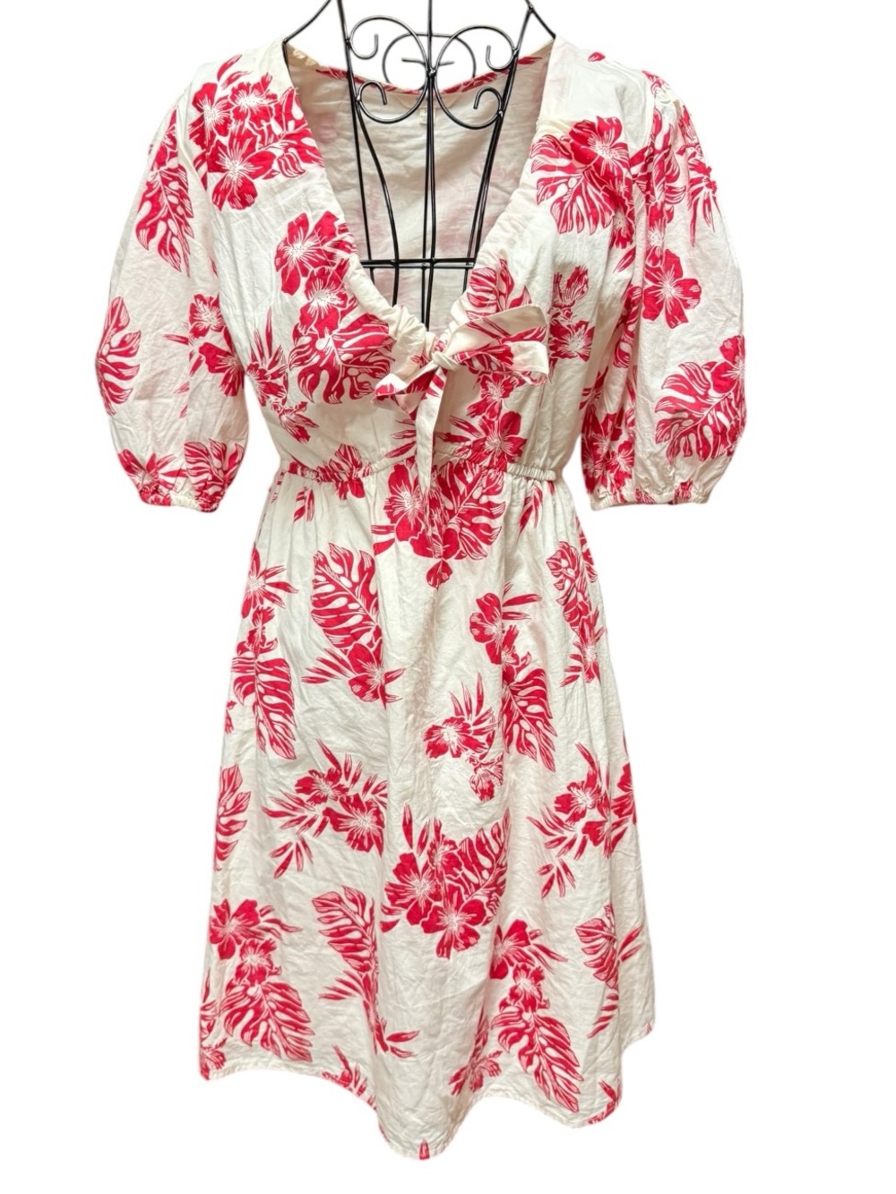 Floral Tie-Front Puff Sleeve Mini Dress in Cream & Red